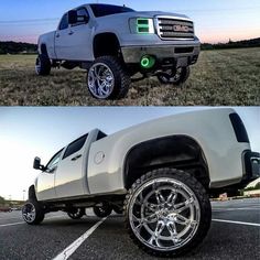 two pictures side by side of a white truck with chrome wheels and rims on