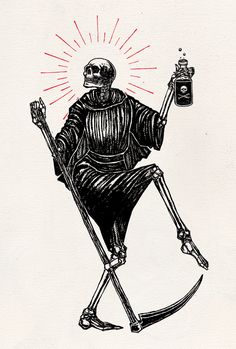 a skeleton sitting in a chair holding a bottle