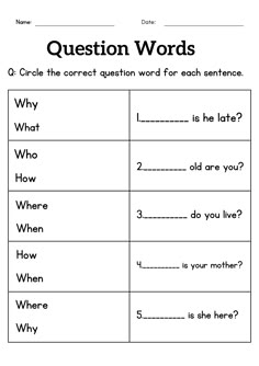 the worksheet for question words is shown in black and white, with an image of