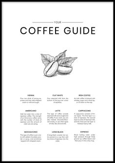 the coffee guide is shown in this black and white poster, with an image of beans on