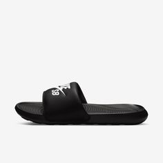 From the beach to the bleachers, the Nike Victori One is a must-have slide for sunny days. Lightweight and easy to wear (or pack for your vacay), it's soft, responsive foam makes lounging easy. Nike Casual Slides, Fade-resistant Black Slides, Nike Sports Slide Flip Flops, Nike Casual Slide Flip Flops, Sporty Slides For Leisure, Casual Summer Slides Fade-resistant, Fade-resistant Casual Summer Slides, Nike Casual Slides With Cushioned Footbed, Sporty Slides For Swimming In Summer