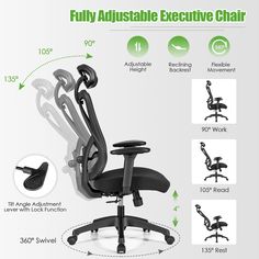 the fully adjustable executive office chair is shown with instructions to adjust it's headrest