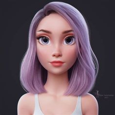 a close up of a doll with purple hair and blue eyes, wearing a tank top