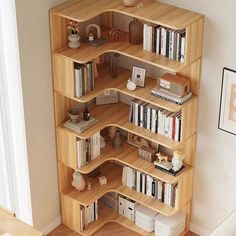 a wooden book shelf filled with lots of books