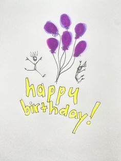 a drawing of purple flowers with the words happy birthday written on it in yellow ink