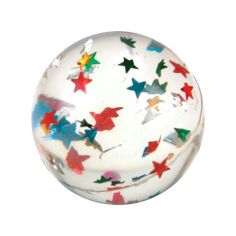 a clear glass ball with colorful stars on it's side and the top half is white