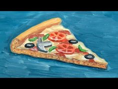 a painting of a slice of pizza with olives, tomatoes and pepperoni on it