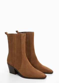 Heel suede ankle boot - Women | Mango USA Fall Brown Boots, Camel Leather Bag, Camel Outfit, Camel Boots, Black Velvet Pants, Olive Green Jacket, Green Handbag, Country Concert Outfit, Mango Outlet