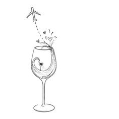 a drawing of a wine glass with an airplane coming out of the top and shooting stars in the air