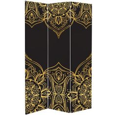 a black and gold room divider with intricate designs on the front, side and back