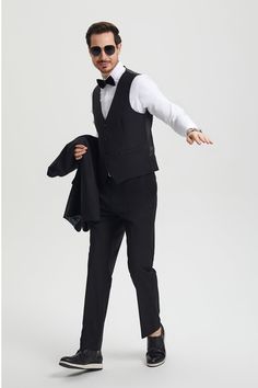 This one button tuxedo by Stacy Adams features a wide black satin shawl lapel, matching pants and vest. This comes in a hybrid fit (Sizes 34-44 = Slim Fit | Sizes 46+ = Modern Fit) Black Slim Fit Three-piece Suit For Party, Elegant Black Single-breasted Tuxedo, Black Single Breasted Tuxedo For Formal Occasions, Black Fitted Double Breasted Suit For Party, Fitted Black Double Breasted Suit For Party, Formal Black Single Breasted Tuxedo, Sleeveless Black Blazer For Business, Sleeveless Black Business Blazer, Black Single-breasted Tuxedo For Black Tie