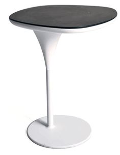 a white table with a black top on a white surface and a round base in the middle