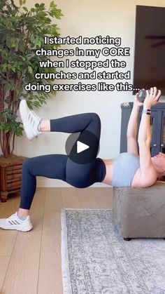 a woman is doing an exercise on the couch in front of a flat screen tv