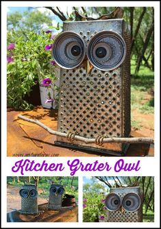 an owl made out of tin cans sitting on top of a wooden table