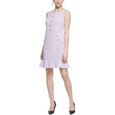 Manufacturer: Karl Lagerfeld Paris Style Type: Mini Dress Collection: Karl Lagerfeld Paris Sleeve Length: Sleeveless Material: 94% Polyester/6% Spandex Fabric Type: Crepe Specialty: Button Sku: BH5353149 Color: Purple.  Gender: female.  Age Group: adult. Pale Lilac, Paris Woman, Flounced Dress, Short Dresses Casual, Review Dresses, Karl Lagerfeld Paris, Women Trends, Above Knee, Karl Lagerfeld