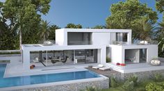 an artist's rendering of a modern house with swimming pool and lounge area in the foreground