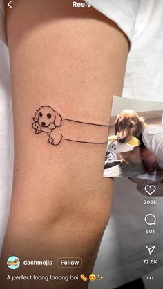 a small dog is on the side of a woman's leg with a stick and tape attached to it