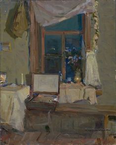 an oil painting of a room with a window and table cloths on the windowsill