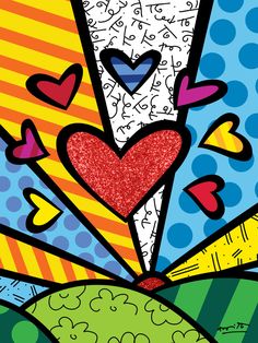 an abstract painting with hearts and lines on the bottom half of it, surrounded by other colorful shapes