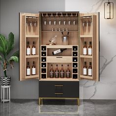 an open cabinet with wine bottles and glasses on the top shelf, next to a potted plant