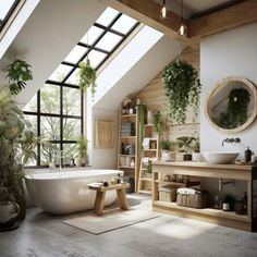 a bath room with a large tub next to a sink and a shelf filled with potted plants