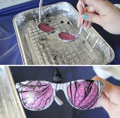 two pictures of sunglasses being made out of paper