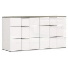 an image of a white dresser with drawers on it's front and side panels