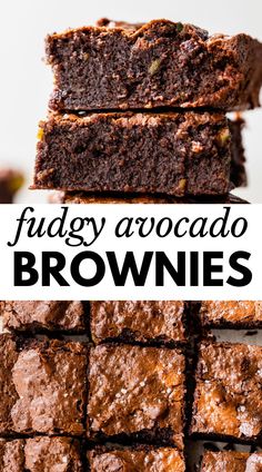 chocolate fudge avocado brownies stacked on top of each other with text overlay