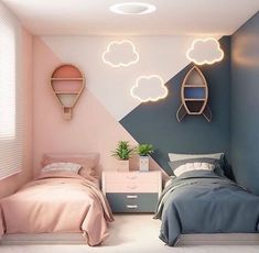 two beds in a room with pink and blue walls, clouds on the wall above them