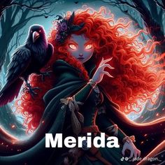 a woman with red hair holding a bird in her hand and the words merida on it