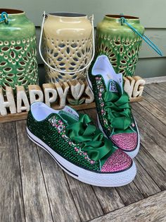 Pink And Green Bling Converse, Aka Shoes, Aka Gifts, Aka Apparel, Pearl Outfit, Rhinestone Converse, Sorority Fashion, Bedazzled Shoes, Tie Sneakers