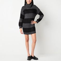 This by&by women's and junior's long-sleeve sweater dress is an easy way to upgrade your fall and winter wardrobe. Featuring a two-tone striped cable-knit design, this short pullover dress has an exaggerated cowl neckline and drop shoulder sleeves for a stylish edge. Wear it with loafers or ankle boots. Closure Type: Pullover HeadNeckline: Cowl NeckSleeve Length: Long SleeveSleeve Style: Drop-Shoulder SleeveApparel Length: 34 InchesDress Length: Short LengthFiber Content: 75% Acrylic, 25% Polyes Goth Sweater, Short Pullover, Striped Sweater Dress, Small Dresses, Sweater Dresses, Long Sleeve Sweater Dress, Large Dress, Medium Dress, Cowl Neckline