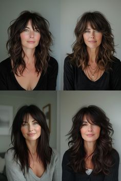 Medium Long With Bangs, Over 35 Hairstyles For Women, Brunette Textured Hair, Curved Haircut Long Hair, Over 50 Brunette Hair Styles, Shag Layers Medium, 2024 Womens Haircut Trends, Long Wavy Lob Haircut, Bangs For 40+