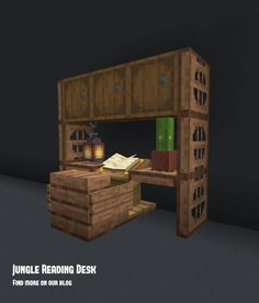 a desk made out of wood with an open book shelf above it and some books on top