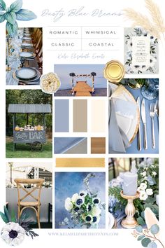 a collage of blue and white wedding colors with flowers, greenery, silverware