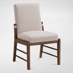 an upholstered chair with wooden legs and fabric seat padding, viewed from the front