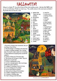 a page from the halloween book with pictures of houses and pumpkins on it's cover