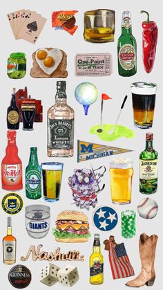 a collage of alcohol bottles and other items