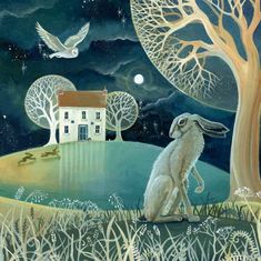 a painting of a white rabbit sitting in front of a tree with a house on it