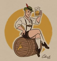 a man sitting on top of a wooden barrel holding a beer glass in his hand