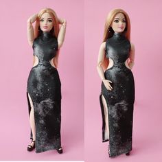 two photos of a barbie doll wearing a black dress