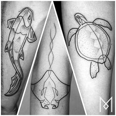 two different tattoos with fish and turtle on their legs, one in black and white