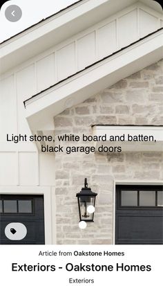 an advertisement for a garage door with the words, light stone, white board and batten, black garage doors