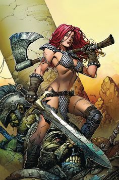 a woman with red hair holding two swords and standing in front of an evil creature