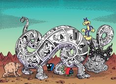 an elephant made out of gears and other things in the desert, with two pigs standing next to it