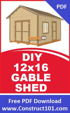 the diy 12x16 gable shed is shown in red and white with text