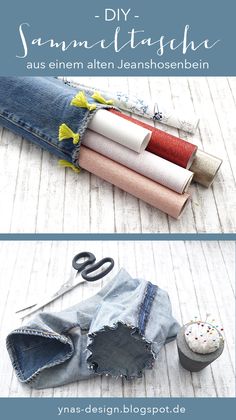 two pictures showing different types of clothes and scissors on the floor with text overlay that says diy denim stitchs