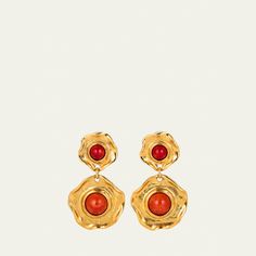 Ben-Amun earrings 24-karat gold electroplating Round coral-colored cabochons Refrain from swimming and showering with your jewelry For pierced ears Made in USA Ben Amun Earrings, Coral Stone, Coral Color, Pierced Ears, Ear Piercings, Post Earrings, Made In Usa, Tops Designs, Coral