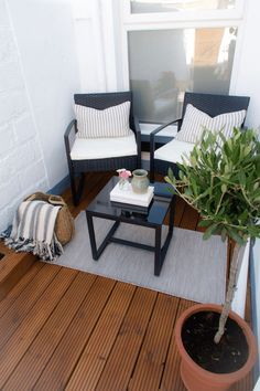 two chairs and a coffee table on a porch with a potted plant in the corner