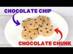 chocolate chip cookies on a white plate with an arrow pointing to the top and bottom